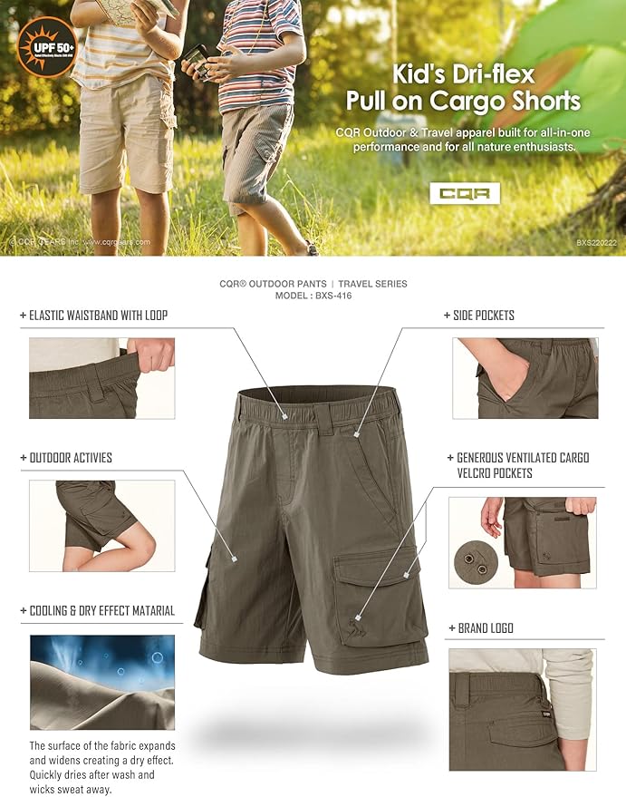 CQR Kids Youth Pull on Cargo Shorts, Outdoor Camping Hiking Shorts, Lightweight Elastic Waist Athletic Short with Pockets