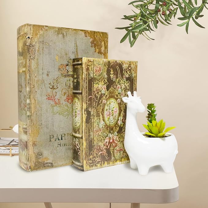 Decorative Book Box Set of 2, Trinket Keepsake Storage | Boxes Shaped Storage Box Vintage Style Decorative Book Boxes Antique Books for Decoration Medal Pattern