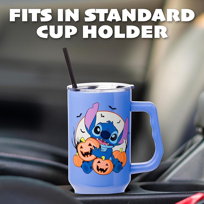 Silver Buffalo Disney Lilo and Stitch Halloween Spooky Pumpkin Jack-O-Lantern Double Walled Stainless Steel Tumbler with Handle and Straw, Fits in Standard Cup Holder, 40 Ounces