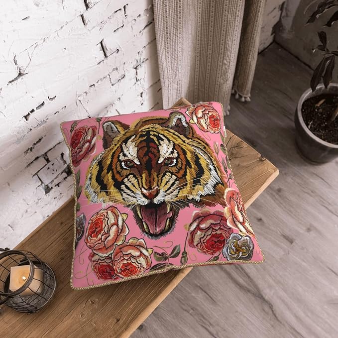 Tiger Floral Pink Velvet Pillow Covers 16x16 Inch Flower Animal Print Throw Pillows for Couch Farmhouse Cushion Covers Pillowcase Modern Pillow Cases for Sofa Bed Living Room Outdoor Decor