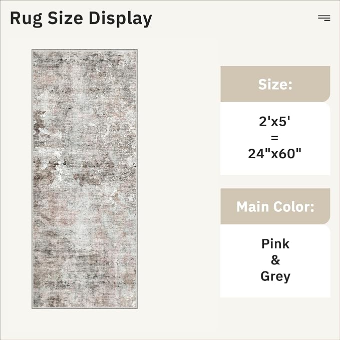 Soalmost Abstratc Runner Rug 2x5 Washable Kitchen Entry Runners Pink/Grey | Non-Slip Low-Pile Rugs for Bathroom Laundry Room, Vintage Foldable Floor Carpet Mat Hallway Entryway for Corridor Bedroom