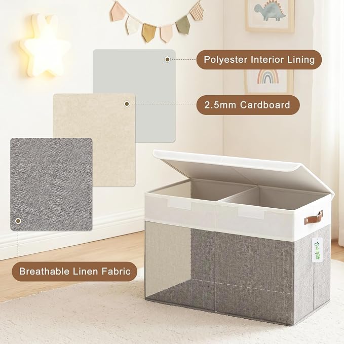 Large Toy Storage Box with Lids, Collapsible Sturdy Baby Storage Organizer Chest Bin Basket for Kids, Boys, Girls, Playroom, Nursery, Bedroom, Closet 25"x13"x16" (Gray and White)