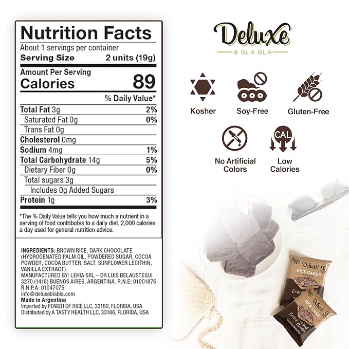 Deluxe & Bla Bla Chocolate Covered Rice Cakes 12 Pack – Whole Grain, Gluten-Free, Kosher, Low-Calorie Snack – Coated with Dark Chocolate – Healthy & Crunchy Treat – Individually Wrapped, (19g Each)