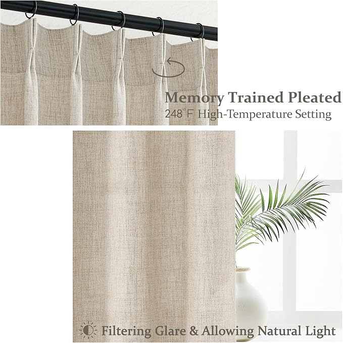 Large Window Natural Linen Curtains 108 Inches Long for Living Room Light Filtering Drapes 9ft for Patio Sliding Doors, Extra Long Semi Sheer High Ceiling Pinch Pleated Panels W40 x L108 x 2 Panels
