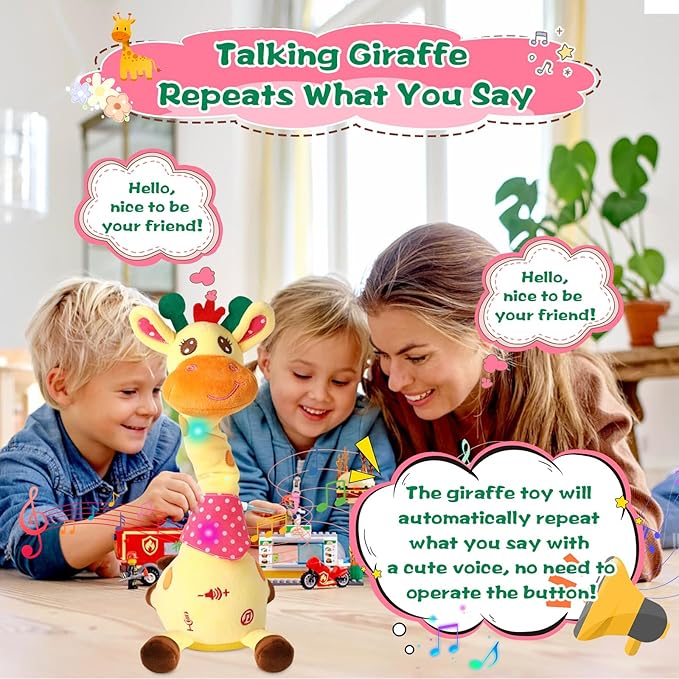 MIAODAM Dancing Talking Giraffe Stuffed, Singing 10 Children's Song, Stuffed Baby Toy Repeats What You Say, Colorful Glowing Giraffe Plush Interactive Toys for Baby 1-3 Year