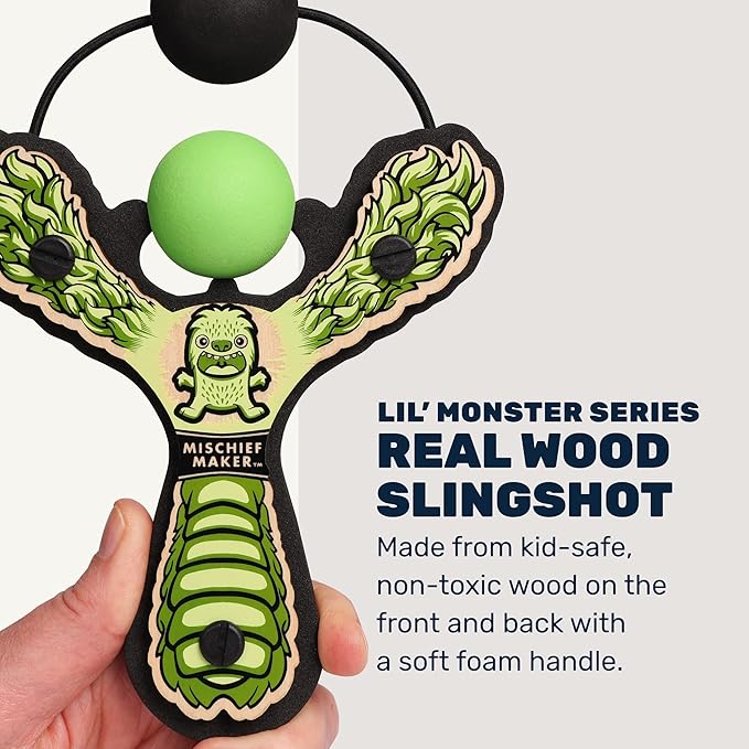 Mischief Maker® Wooden Slingshot - Lil’ Monster Series - Real Wood Slingshot for Kids, 4 Soft Foam Balls and Storage Bag - Ages 4+ (Green)