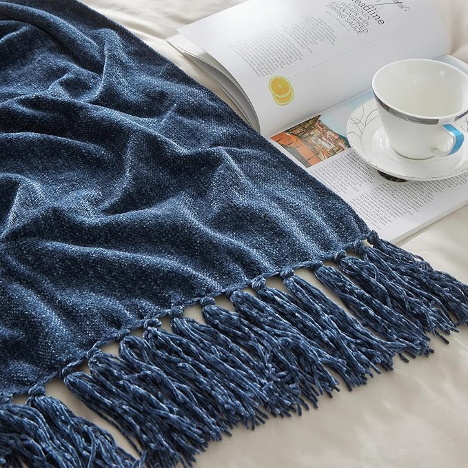 CozeCube Chenille Throw Blanket, Navy Blue Fringe Blanket, 50"X60" | For Couch, Cozy Plush Fuzzy Decorative Blanket with Fringe Tassels, Lightweight Throws for Bed Sofa Gift Home Decor