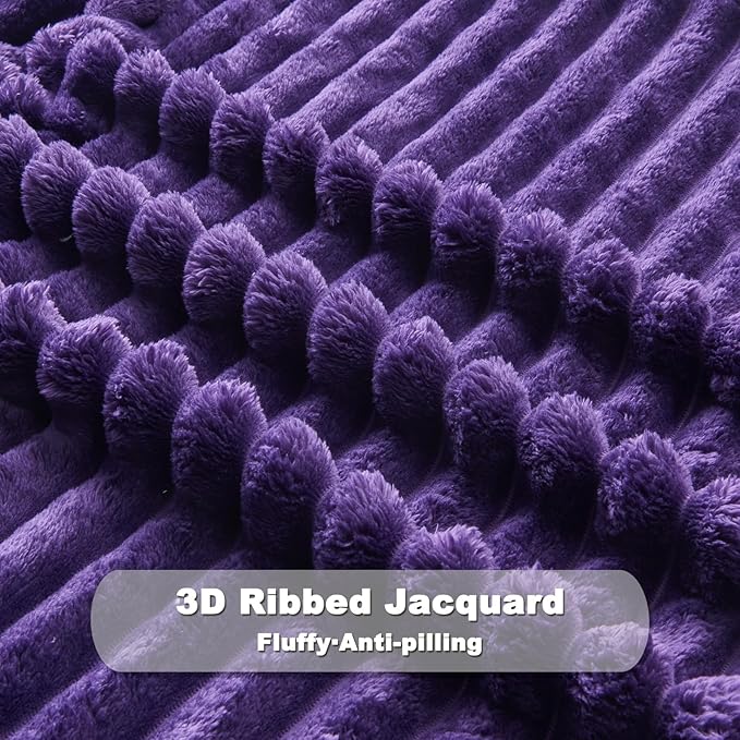 NEWCOSPLAY Super Soft Queen Blanket Purple Premium Silky Flannel Fleece 3D Ribbed Jacquard Lightweight Bed Blanket All Season Use (Purple Ribbed, Queen(90"x90"))