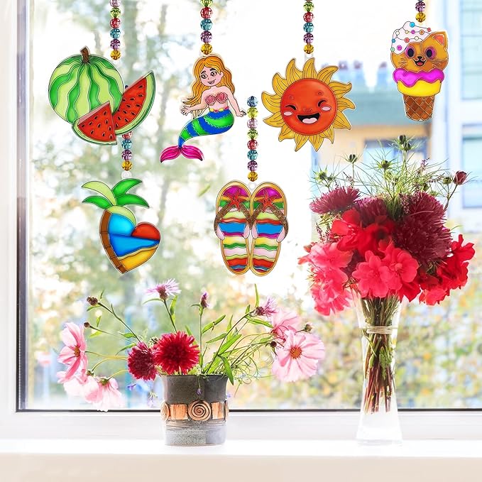 Ayhuhra 30 Sets Summer Suncatcher Craft Kits Glow in The Dark DIY Window Paint Art Sun Catcher Kits for Home Classroom Party Activities Art Project Party Favors