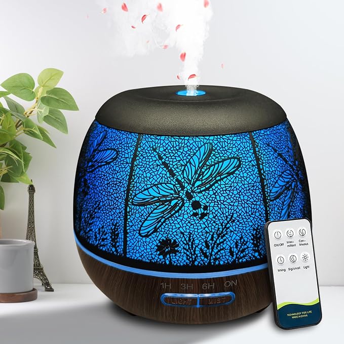 Roonbo Diffusers for Essential Oils Large Room 400ml,Essential Oil Diffuser for Home with R/C,Cool Mist Humidifiers for Bedroom,7 Colors Changed & 3 Mist Mode Waterless Auto Off for Decor Dragonfly