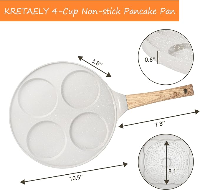 10.5" Pancake Pan Suitable for All Cooktops 4-Cup Pancake Maker 1-Pack | Beige, PFOA Free, 4-Cup, Mini Silver Dollar Gril, Stay-Cool Handle, Mini Pancake Pan