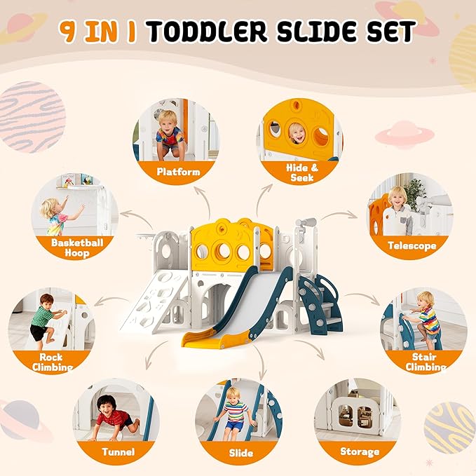 GITAWUSA 9 in 1 Toddler Slide Set Playground Indoor & Outdoor Fun for Kids & Babies Aged 1-3, Featuring Climbing Board, Basketball Hoop, Telescope, Storage Space and Non-Slip Steps, Yellow & Green