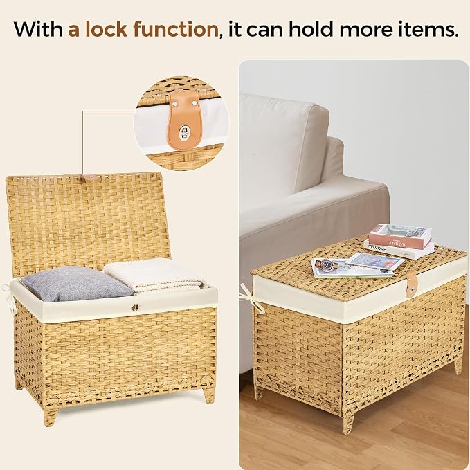 Wicker Storage Basket with Lid, 160L Shelf Basket with Removable Liner Bag | Rattan-Inspired Woven Design, Elevated Feet, Storage Trunk for Wardrobe, Bedroom & Home Organization
