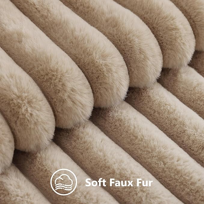decorUhome Fall Faux Fur Throw Pillow Covers 26x26 Set of 2 Khaki Brown | Decorative Soft Cozy Striped Plush Modern Farmhouse Boho Couch Pillow Cases Velvet Back for Sofa Bed Living Room Home Decor