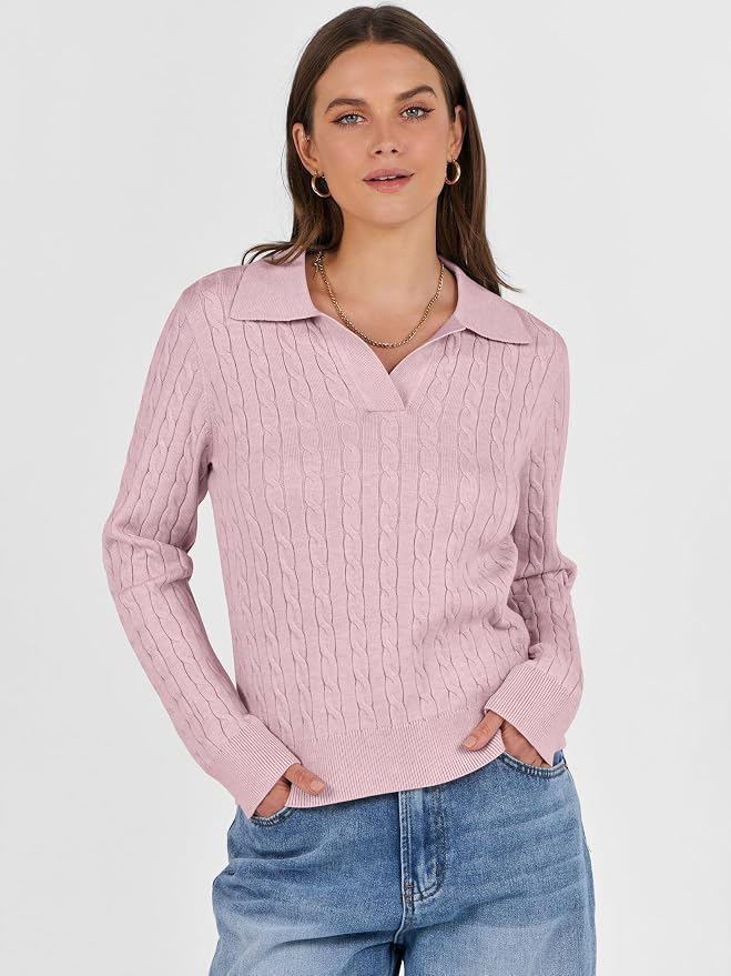 ANRABESS Womens Cable Knit Sweaters Long Sleeve V Neck | Pullover Collared Sweater Tops, Polo Knit Shirts, Business Casual Work, Tennis Golf, Fall Winter Fashion Outfits
