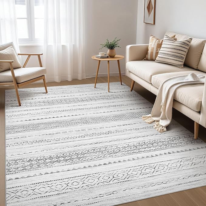 Nakagishi Boho 4x6 Area Rug Living Room Rugs Machine Washable Color Gray | Soft, Pet & Kid Friendly, Carpet for Living Room/Bedroom/Office/Kitchen/Nursery, Daily Home Decor Stain Resistant Moroccan