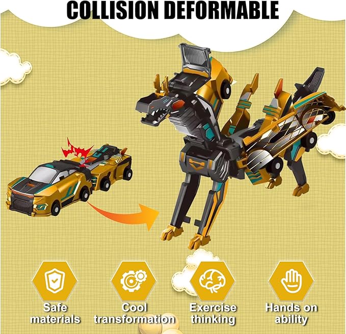 Transforming Dinosaur Toys, 2 in 1 Magnetic Cars Collision Transform into Dino Toys, for Boys Girls Toy Age 2-12, Christmas Birthday Gift(Golden Dragon)