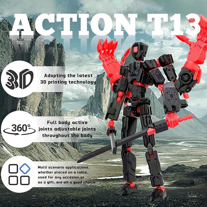 5.5Inch T13 Action Figure Assembly Completed, T13 3D Printed Action Figure Multi-Jointed Movable Robot Set,Collectors Desktop Decorations for Game Lovers Toys (Black Red)