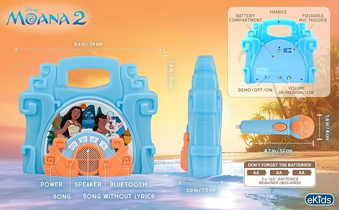 eKids Disney Moana Bluetooth Sing Along Boom Box with Microphone For Fans of Moana Toys, Kids Karaoke Machine with Built in Music and Flashing Lights