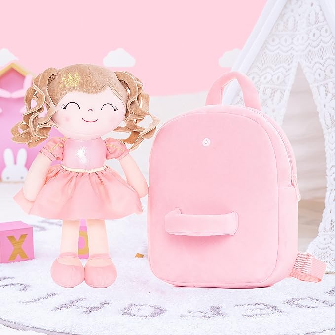 Gloveleya Kids Backpack Toddler Girls Backpacks Soft Plush Girl Toys Crown Princess Pink 9"