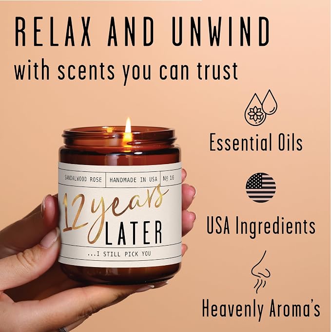 12 Year Anniversary Gifts for Wife - '12 Years Together' Candle, w/Sandalwood Rose - infused w/Essential Oils I 12th Anniversary Gifts for Her I 50Hr Burn, Made in USA
