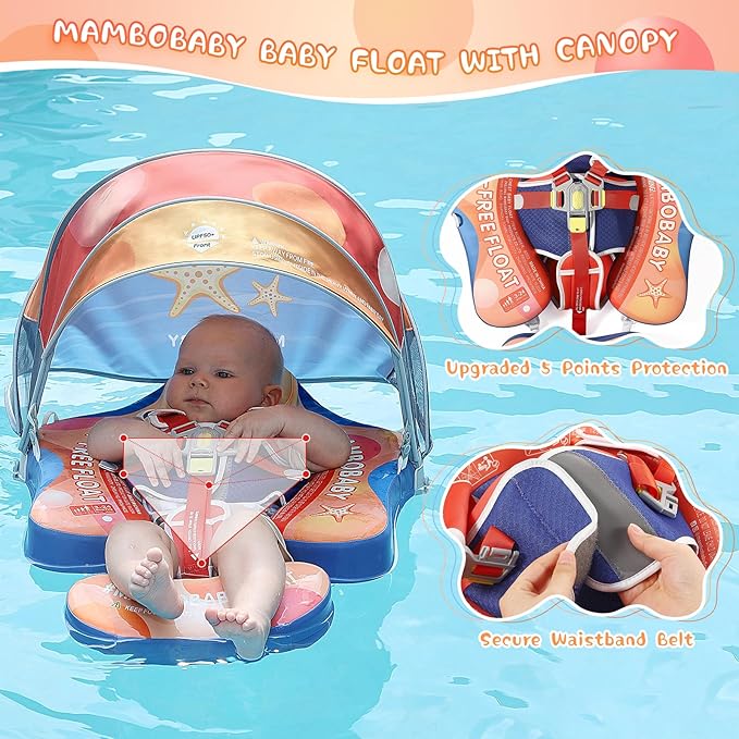 Baby Floats for Pool with Canopy Removable Sun Protection Canopy Mambobaby Float Non Inflatable Upgrade Add Tail Avoid Flip Waterproof Skin-Friendly Infant Swim Float 3-24 Months