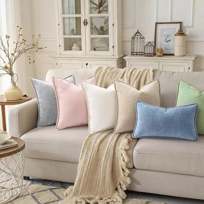 decorUhome Soft Chenille Throw Pillow Covers 26x26 Set of 2 Blue | Fall Textured Decorative Throw Pillow Cases Stitched Edge Modern Farmhouse Luxury Boho Velvet for Couch Sofa Bed Home Decor