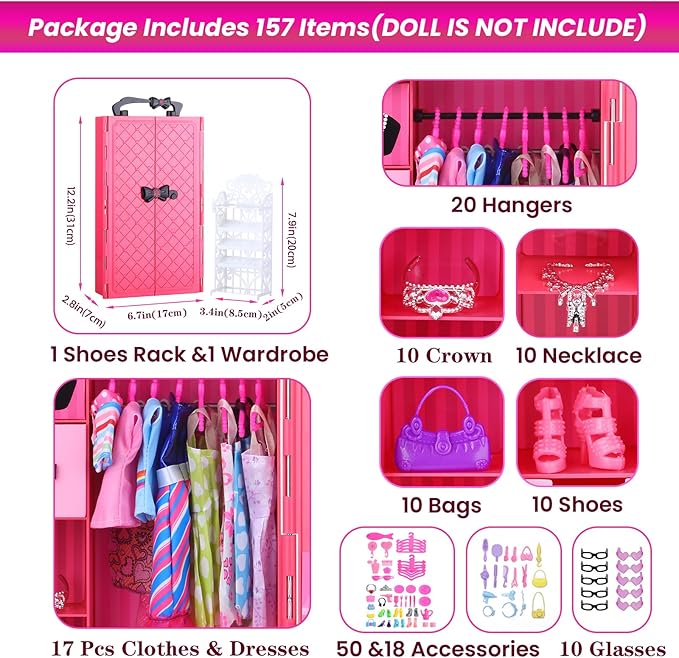 Vueos 157 Pcs Doll Clothes and Accessories with Doll Closet for 11.5 Inch Girl Dolls Including Shoes Rack Wedding Dress Fashion Dress Swimsuits Tops and Pants Hangers Glasses Necklace Bags Shoes