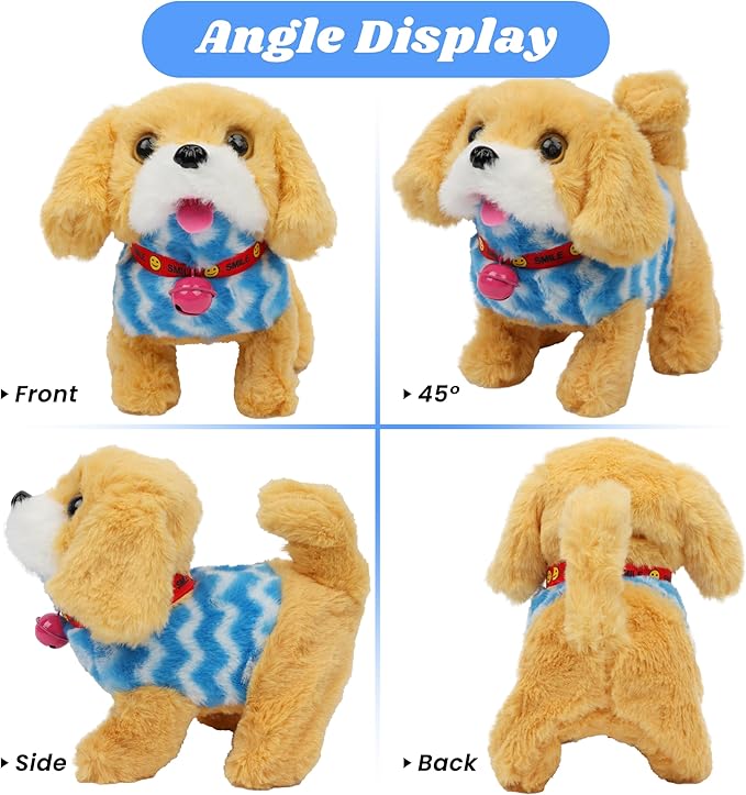 Hopearl Walking Dog Golden Retriever in Blue Vest Interactive Electronic Pet Plush Toy Puppy Woof and Moving Animated Nodding Head Gift for Toddlers Birthday, Brown, 7''