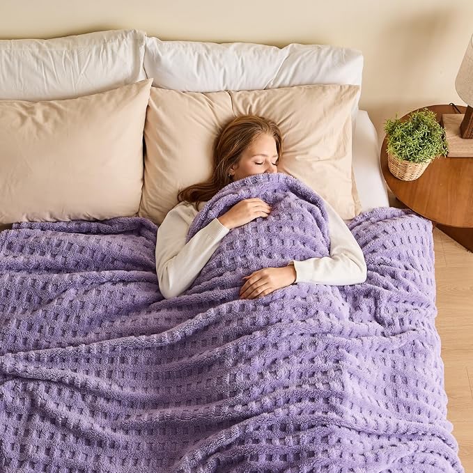 NEWCOSPLAY 3D Waffle Checkered Flannel Queen Blanket, Lavender, 90"x90" | Super Soft Cute Lightweight Decorative Premium Silky Fleece Blanket for Couch Sofa Bed, Gift for Women Men, All Season Use