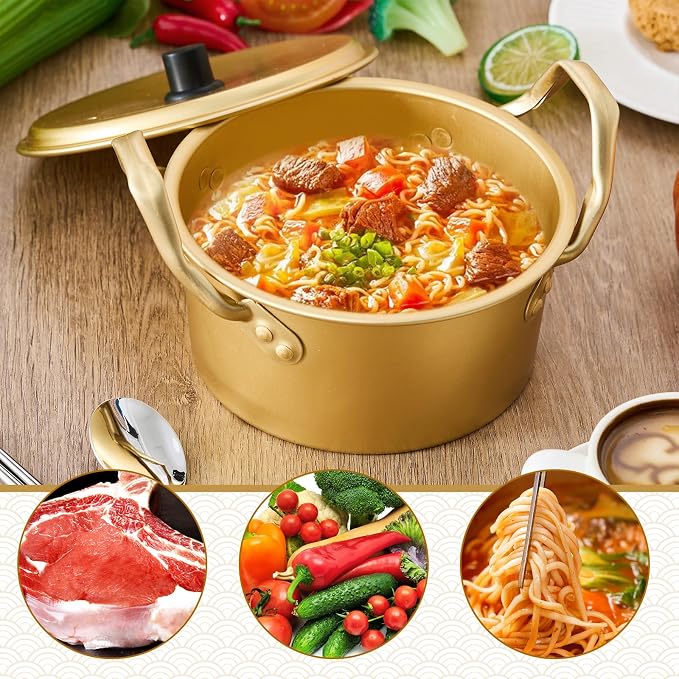 Tioncy Korean Ramen Pot Set of 2 with Lid, Aluminum Ramen Noodle Cooking Pot, Fast Heating with Spoon & Chopsticks, 6 inches/ 16 cm noodle Cooker for Soup, Pasta, Camping, Dorm Cooking, Couple Dinner
