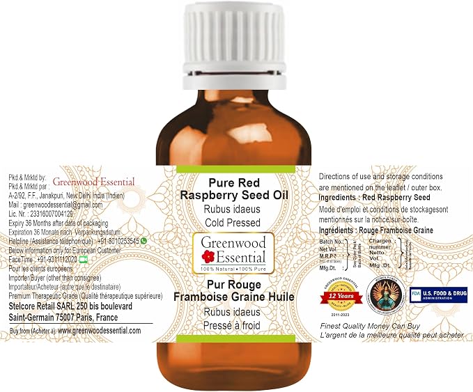 Greenwood Essential Red Raspberry Seed Oil (Rubus idaeus) | Cold Pressed | Natural | Undiluted | for Diluting Essential Oils | for Hair, Skin & Massage | Men & Women | 15ml (0.50 oz)