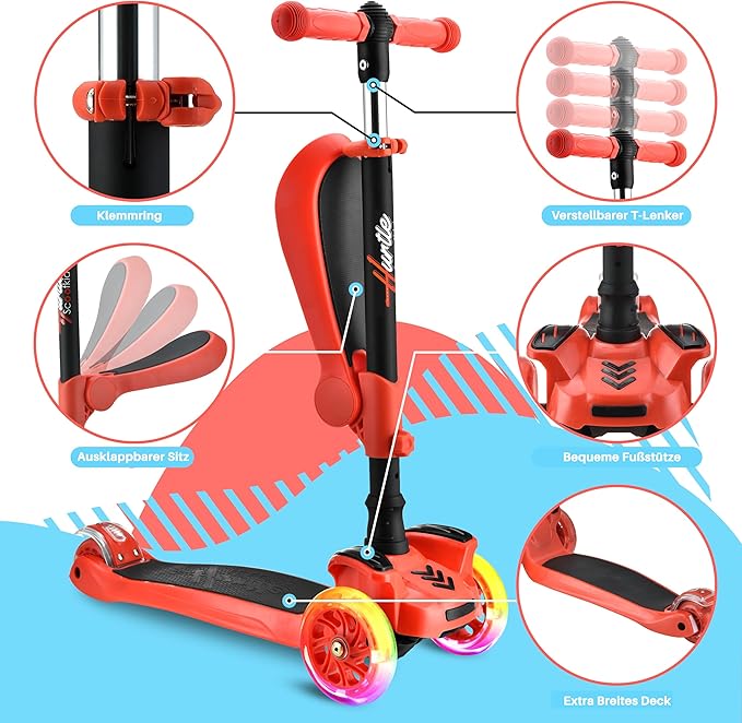 Hurtle 3-Wheeled Scooter for Kids - Wheel LED Lights, Adjustable Lean-to-Steer Handlebar, and Foldable Seat - Sit or Stand Ride with Brake for Boys and Girls Ages 1-14 Years Old