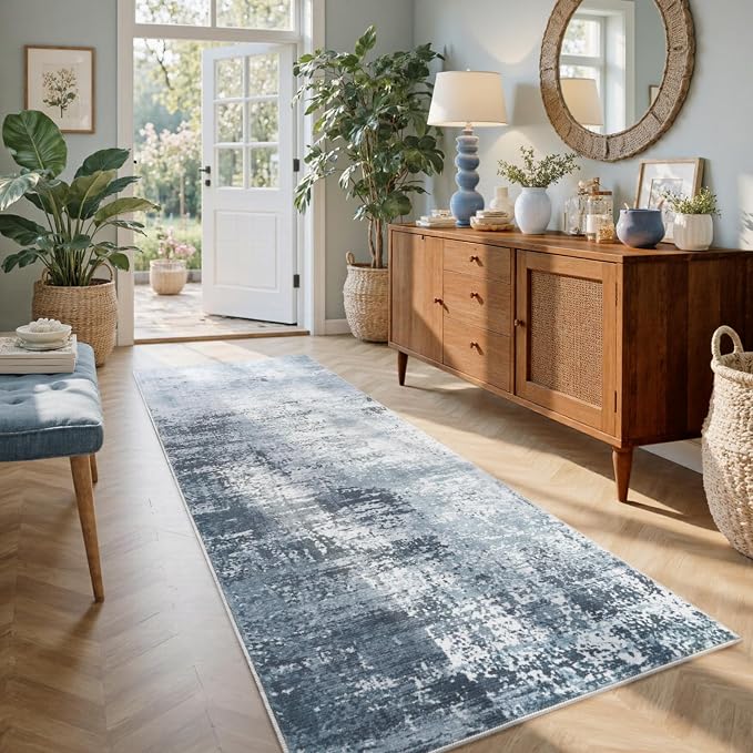 2x6 Ft Washable Runner Rug, Non-Slip Low Pile Hallway Kitchen Area Rug, Soft Long Entryway Floor Mat Abstract Pattern Carpet for Bedside & High-Traffic Areas (Blue)