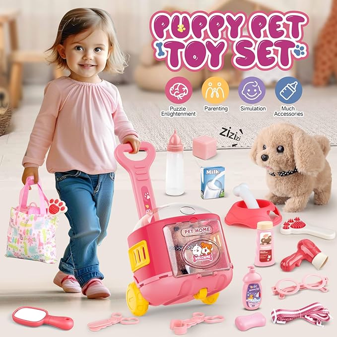 Dog Toys for Kids Girls with Puppy Stroller,Realistic Robot Interactive Stuffed Dog and 16 Pcs Toy Dog Accessories,Puppy Pet Care Pretend Play Set for 3 4 5 6 7 Year Old Toddler Girls Birthday Gifts