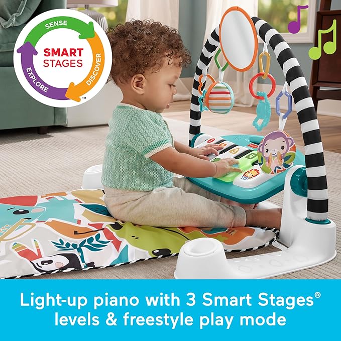 Fisher-Price Baby Activity Mat Glow & Grow Kick & Play Piano Gym, Blue, Musical Learning Toy for Ages 0+ Months, Spanish Version