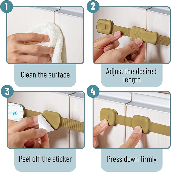 Bate- Child Safety Strap Locks, 6 Pack, Golden Beige, Baby Locks for Cabinets, Drawers, Kitchen, Toilet, Furniture, Fridge, Multi-Purpose, Easy Install with Quick 3M Adhesive for Childproofing