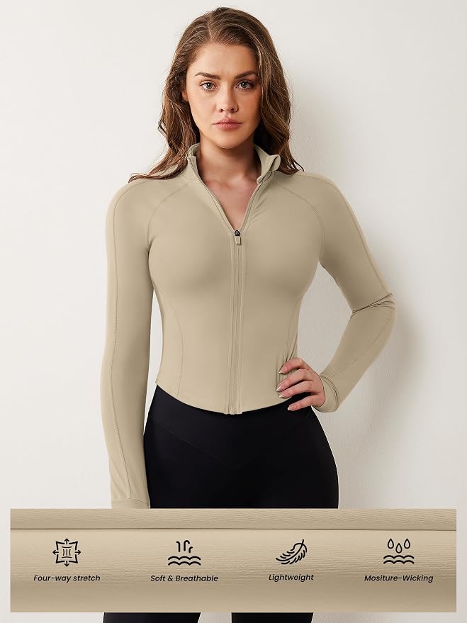 AVGO Women's Workout Jacket Lightweight Zip Up Cropped Yoga Jackets Slim Fit Athletic Tops with Thumb Holes