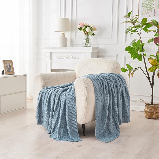 Douceur Blue Throw Blanket for Bed, Soft Cozy Lightweight Stripe Pattern Knitted Throw Blanket for Sofa, Living Room Gift, 60"X80"