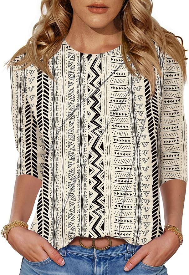 LOMON 3/4 Length Sleeve Womens Tops Spring Summer Fashion 2026 Tops Crew Neck Pleated Shirts Tunic Top Loose Fit