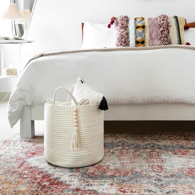 Mkono Woven Storage Basket for Blanket, Toys Plant Organizer, 11"W x 11"L | White, Cotton, Decorative Basket with Handle, Wood Beads Tassel, Shoes Towel Clothes Storage Bin, Living Room Bedroom Nursery