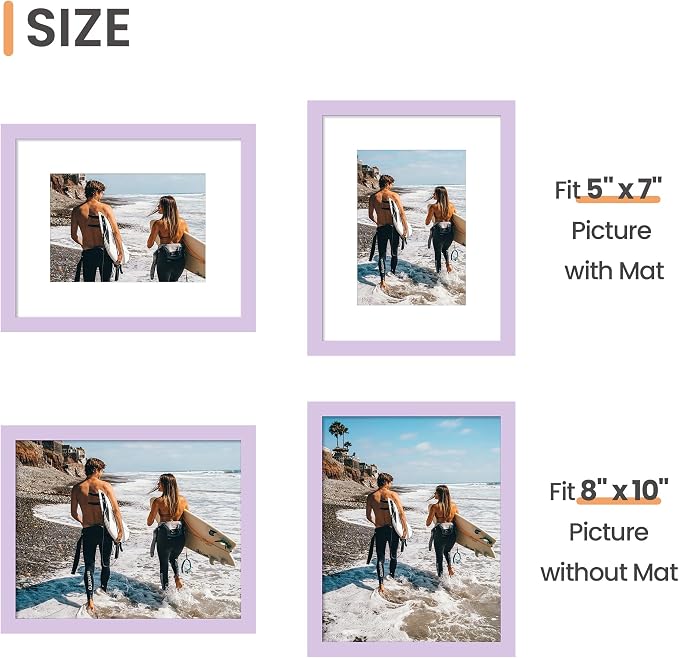 upsimples 8x10 Picture Frame, Display Pictures 5x7 with Mat or 8 x 10 Without, Wall Hanging Photo Frames, Purple, 1 Pack