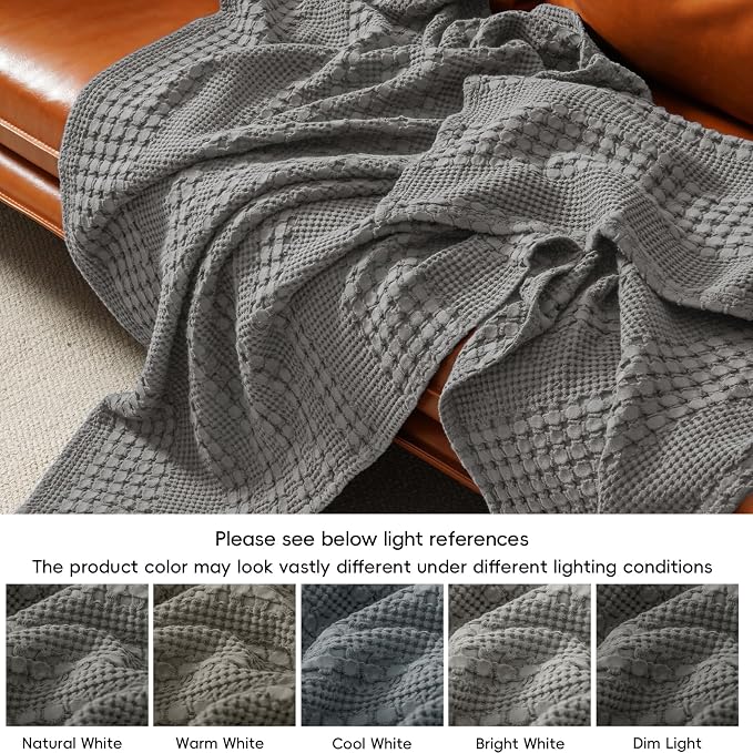 PHF 100% Cotton Waffle Blanket Twin Size, Lightweight Breathable Summer Blanket for Hot Sleepers, Pre-Washed Soft Layer for Bed, Dorm, Couch & Guest Room, Home Decor Gift, 66"x90", Dark Grey