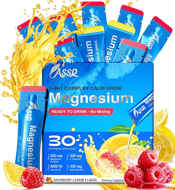 ASSR Calm Magnesium Glycinate Drink for Sleep Aid & Relaxation, Triple Magnesium Complex with KSM-66 Ashwagandha L-Theanine Vitamin D Balance Cortisol, Mood & Stress, No Sugar, Ready to Drink, 30ct