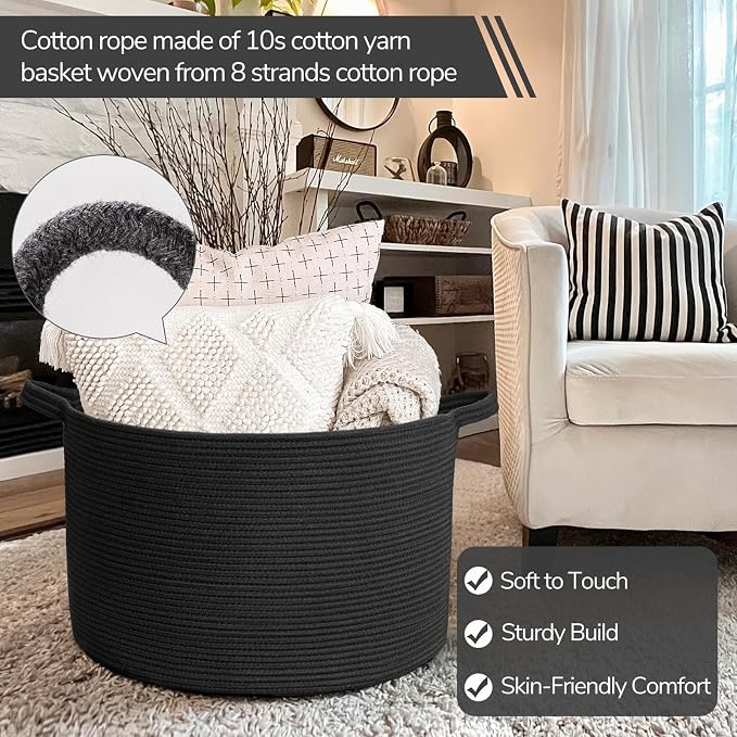 INDRESSME XXXLarge Woven Rope Blanket Basket Living Room Black, 90L | 21.7" x 13.8" Storage baskets for toys laundry & pillows. Fits living room, bedroom or nursery décor. Soft-touch with handles