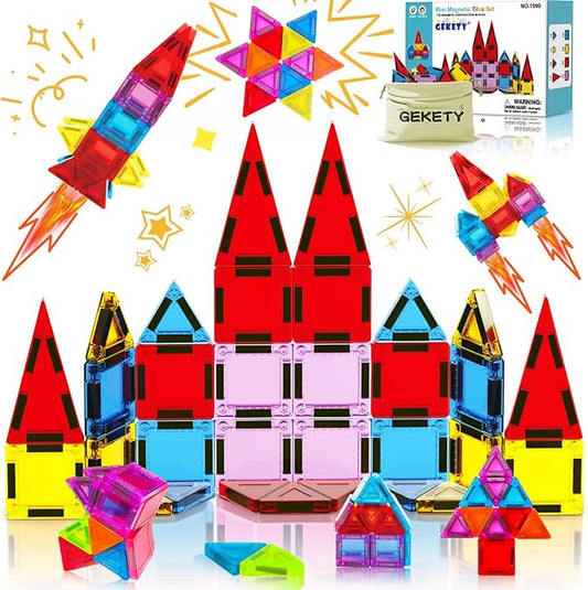 Mini Magnetic Tiles for Kids, Magnetic Building Set, Construction STEM Travel Toys for Boy Girl Ages 3+, Montessori Preschool Learning Educational Sensory Magnet Creative Toy Gift for Toddlers, 32 Pcs