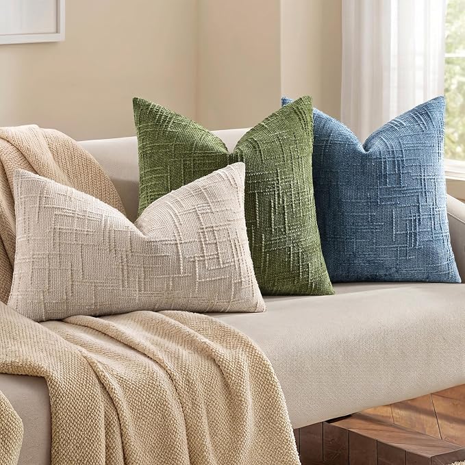 decorUhome Textured Chenille Throw Pillow Covers 16x16 Set of 2 Olive Green | Fall Modern Farmhouse Soft Cozy Slubby Couch Pillow Cases Boho Decorative Pillow Cases for Bed Sofa Living Room Home Decor