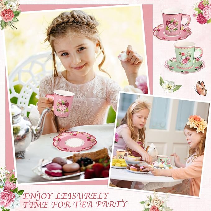 24 Sets Vintage Floral Tea Party Cups 7 OZ Disposable Paper Cups with Handle and Plates Teacups and Saucer Sets for Tea Party Decorations Garden Party Baby Bridal Shower Birthday(Vintage Style)