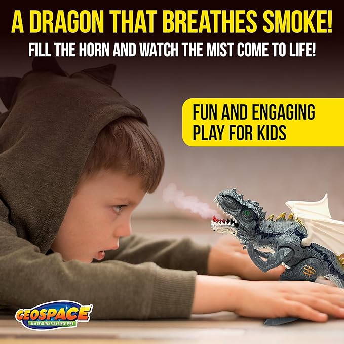 Geospace New Dragon Walking Dinosaur Toy – Smoke Breathing Fire Dragon Toy for Kids 3 & up, Walking Dinosaur Toys with Lights, Roaring Sound, Dragons Action Figure, Dragons for Gift (T-Rex)