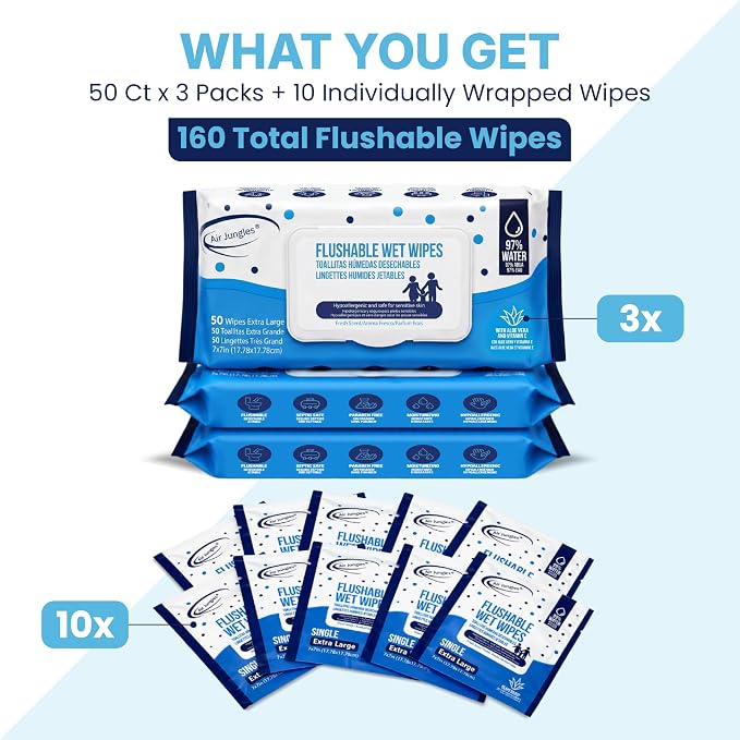 Air Jungles Flushable Wipes 160 Ct 3-Pack+10 Singles, Adult & Kid, XL 7x7in | Fresh Scent, with Aloe Vera & Vitamin E For Sensitive Skin, Septic & Sewer Safe, Ultra Soft Personal Wet Wipes